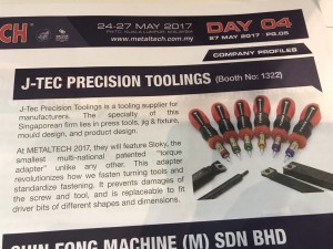 We did it, again!! Chienfu Sloky in Metaltech news day 4 by J-Tec - Chienfu Sloky in METALTECH, 24 – 27 May, 2017 • Malaysia
Come and check our CNC precision, lathing, milling and turning parts; of course also Sloky Torque screwdriver and wrenches for all different application including Shooting/Hunting, Circuit board, Tire pressure detector, Bicycle, DIY Market, Drum, Lens, 3C devices and Golf Club. User friendly for CNC cutting tools of machining, lathing, turning, and milling parts.